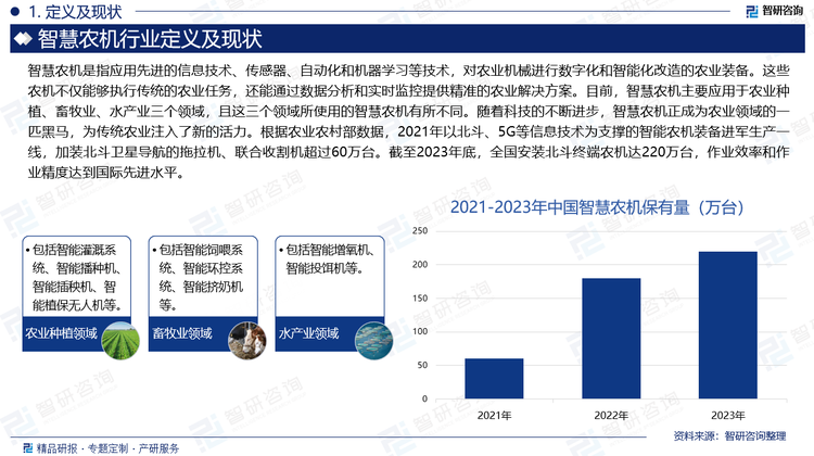 智慧农机是指应用先进的信息技术、传感器、自动化和机器学习等技术，对农业机械进行数字化和智能化改造的农业装备。这些农机不仅能够执行传统的农业任务，还能通过数据分析和实时监控提供精准的农业解决方案。目前，智慧农机主要应用于农业种植、畜牧业、水产业三个领域，且这三个领域所使用的智慧农机有所不同。随着科技的不断进步，智慧农机正成为农业领域的一匹黑马，为传统农业注入了新的活力。根据农业农村部数据，2021年以北斗、5G等信息技术为支撑的智能农机装备进军生产一线，加装北斗卫星导航的拖拉机、联合收割机超过60万台。截至2023年底，全国安装北斗终端农机达220万台，作业效率和作业精度达到国际先进水平。