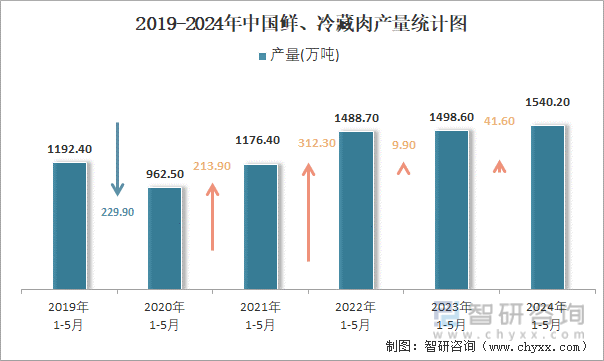 2019-2024年中国鲜、冷藏肉产量统计图