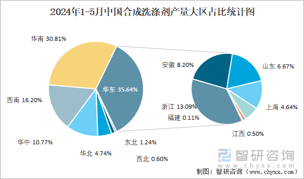 2024年1-5月中国合成洗涤剂产量大区占比统计图