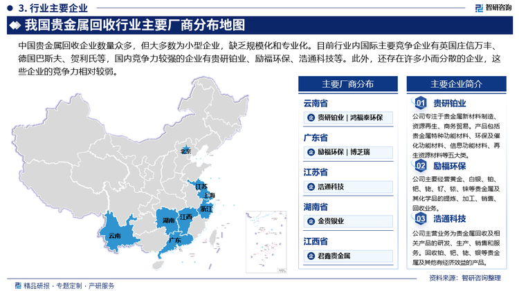 中国贵金属回收企业数量众多，但大多数为小型企业，缺乏规模化和专业化。目前行业内国际主要竞争企业有英国庄信万丰、德国巴斯夫、贺利氏等，国内竞争力较强的企业有贵研铂业、励福环保、浩通科技等。此外，还存在许多小而分散的企业，这些企业的竞争力相对较弱。