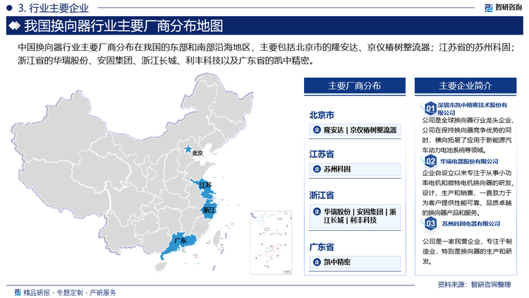 中国换向器行业主要厂商分布在我国的东部和南部沿海地区，主要包括北京市的隆安达、京仪椿树整流器；江苏省的苏州科固；浙江省的华瑞股份、安固集团、浙江长城、利丰科技以及广东省的凯中精密。