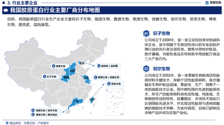 目前，我国胶原蛋白行业生产企业较多，主要有罗赛洛、嘉利达、盛美诺、巨子生物、锦波生物等，但目前尚未形成绝对龙头企业，目前国内覆盖胶原蛋白全产业链的企业较少，未来具备强势产品推新能力、品牌塑造能力、渠道开发能力的企业将占据行业龙头地位。