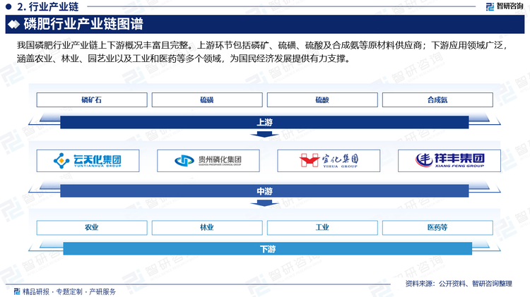 我国磷肥行业产业链上下游概况丰富且完整。上游环节包括磷矿、硫磺、硫酸及合成氨等原材料供应商，其中云南磷化、贵州磷化等公司在磷矿开采领域占据重要地位，而中国石化、中石油等则主导硫磺和合成氨的供应。中游以云天化、贵州磷化等为代表的大型磷肥生产企业，依托上游原材料优势，致力于磷肥的生产与研发。下游应用领域广泛，涵盖农业、林业、园艺业以及工业和医药等多个领域，为国民经济发展提供有力支撑。整个产业链各环节紧密相连，形成了从原材料开采到产品应用的完整闭环，为我国磷肥行业的持续健康发展奠定了坚实基础。同时随着农业现代化和环保要求的提高，磷肥行业产业链上下游将进一步加强合作与创新，推动行业向更加绿色、高效的方向发展。