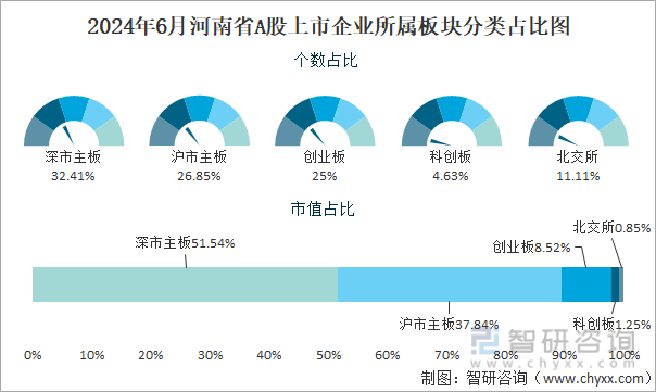 2024年6月河南省A股上市企业所属板块分类占比图