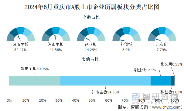 2024年6月重庆市A股上市企业所属板块分类占比图