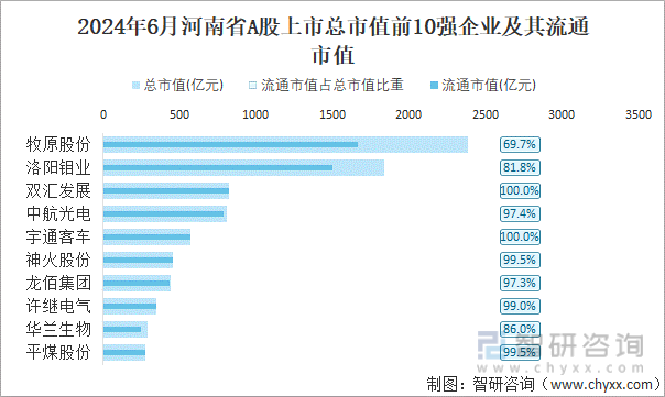 2024年6月河南省A股上市总市值前10强企业及其流通市值