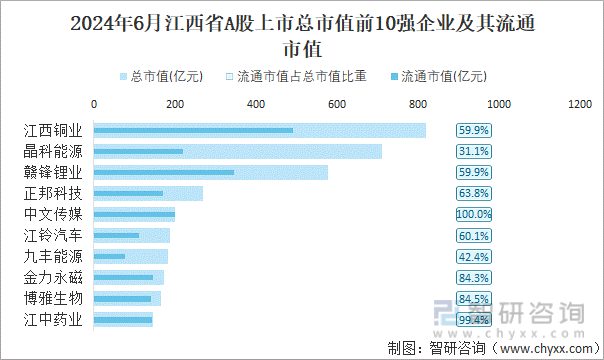 2024年6月江西省A股上市总市值前10强企业及其流通市值