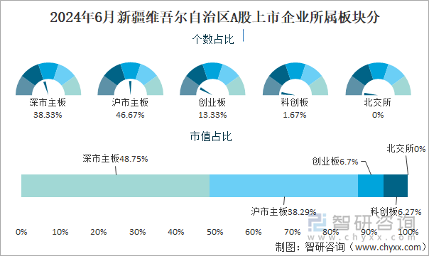 2024年6月新疆维吾尔自治区A股上市企业所属板块分类占比图