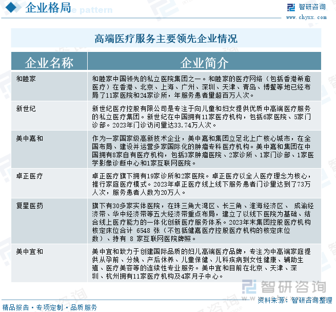 高端医疗服务主要领先企业情况