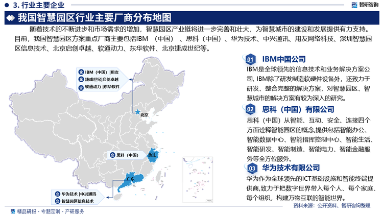 随着技术的不断进步和市场需求的增加，智慧园区产业链将进一步完善和壮大，为智慧城市的建设和发展提供有力支持。目前，我国智慧园区方案重点厂商主要包括IBM中国公司、思科（中国）有限公司、华为技术有限公司、中兴通讯股份有限公司、用友网络科技股份有限公司、深圳智慧园区信息技术有限公司、北京启创卓越科技有限公司、软通动力信息技术（集团）有限公司、东华软件股份公司、北京捷成世纪科技股份有限公司等。