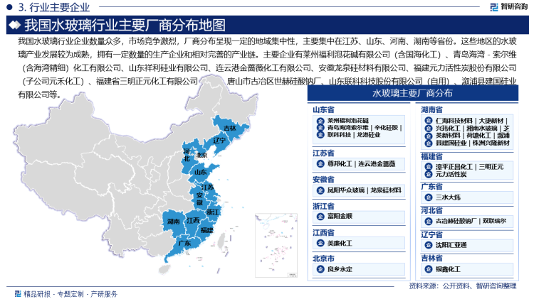 我国水玻璃行业企业数量众多，市场竞争激烈。水玻璃厂商分布呈现一定的地域集中性，主要集中在江苏、山东、河南、湖南等省份。这些地区的水玻璃产业发展较为成熟，拥有一定数量的生产企业和相对完善的产业链。主要企业有莱州福利泡花碱有限公司（含国海化工）、青岛海湾－索尔维（含海湾精细）化工有限公司、山东祥利硅业有限公司、连云港金蔷薇化工有限公司、安徽龙泉硅材料有限公司、福建元力活性炭股份有限公司（子公司元禾化工）、福建省三明正元化工有限公司、唐山市古冶区世赫硅酸钠厂、山东联科科技股份有限公司（自用）、溆浦县建国硅业有限公司等等。