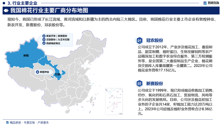 我国植棉历史悠久，棉花从无到有、从少到多，至今已发展成为世界产棉大国。现如今，我国已形成了长江流域、黄河流域和以新疆为主的西北内陆三大棉区。新疆因其独特的自然生态条件和资源禀赋，已成为了我国最大的商品棉基地、国内唯一的长绒棉生产基地和世界重要的棉产地。目前，我国棉花行业主要上市企业有敦煌种业、新农开发、新赛股份、冠农股份等。