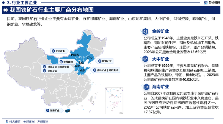 目前，我国铁矿石行业企业主要有山东金岭矿业股份有限公司、五矿邯邢矿业有限公司、海南矿业股份有限公司、山东地矿集团有限公司、内蒙古大中矿业股份有限公司、河钢资源股份有限公司、鞍钢集团矿业有限公司、河北钢铁集团矿业有限公司、北京华夏建龙矿业科技有限公司等。