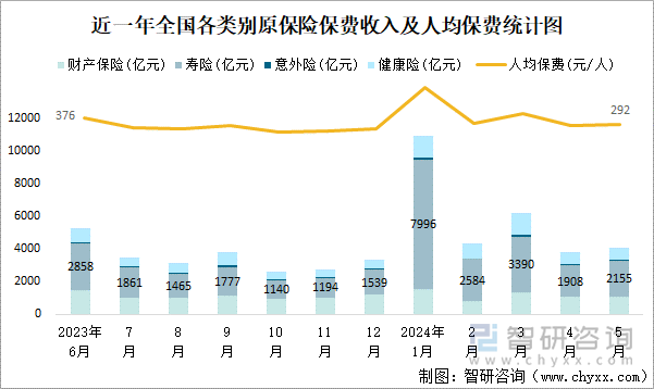 近一年全国各类别原保险保费收入及人均保费统计图