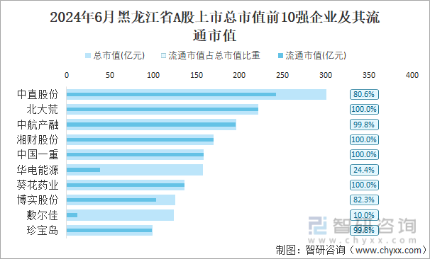 2024年6月黑龙江省A股上市总市值前10强企业及其流通市值