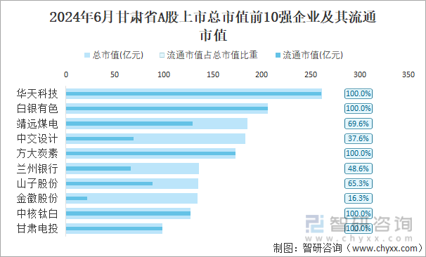 2024年6月甘肃省A股上市总市值前10强企业及其流通市值