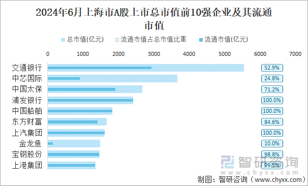 2024年6月上海市A股上市总市值前10强企业及其流通市值