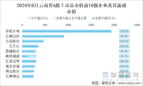 2024年6月云南省A股上市总市值前10强企业及其流通市值