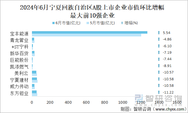 2024年6月宁夏回族自治区A股上市企业市值环比增幅最大前10强企业