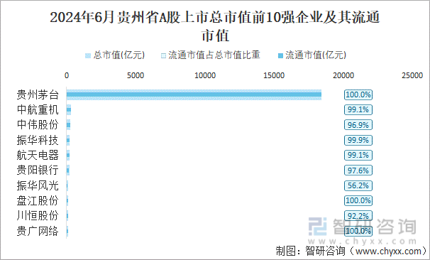 2024年6月贵州省A股上市总市值前10强企业及其流通市值