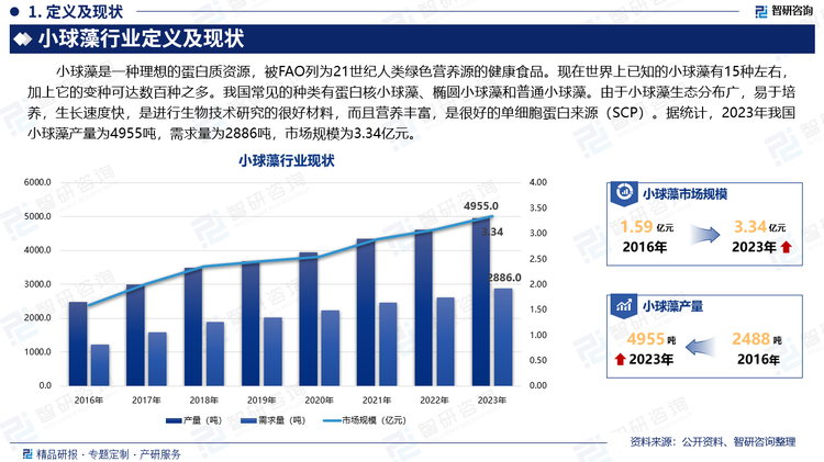 小球藻是一种理想的蛋白质资源，被FAO列为21世纪人类绿色营养源的健康食品。现在世界上已知的小球藻有15种左右，加上它的变种可达数百种之多。我国常见的种类有蛋白核小球藻、椭圆小球藻和普通小球藻。由于小球藻生态分布广，易于培养，生长速度快，是进行生物技术研究的很好材料，而且营养丰富，是很好的单细胞蛋白来源（SCP）。据统计，2023年我国小球藻产量为4955吨，需求量为2886吨，市场规模为3.34亿元。