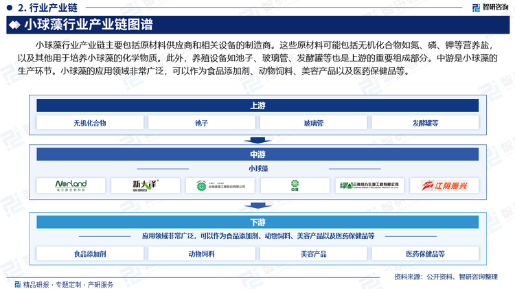 小球藻行业产业链主要包括原材料供应商和相关设备的制造商。这些原材料可能包括无机化合物如氮、磷、钾等营养盐，以及其他用于培养小球藻的化学物质。此外，养殖设备如池子、玻璃管、发酵罐等也是上游的重要组成部分。中游是小球藻的生产环节。小球藻的应用领域非常广泛，可以作为食品添加剂、动物饲料、美容产品以及医药保健品等。