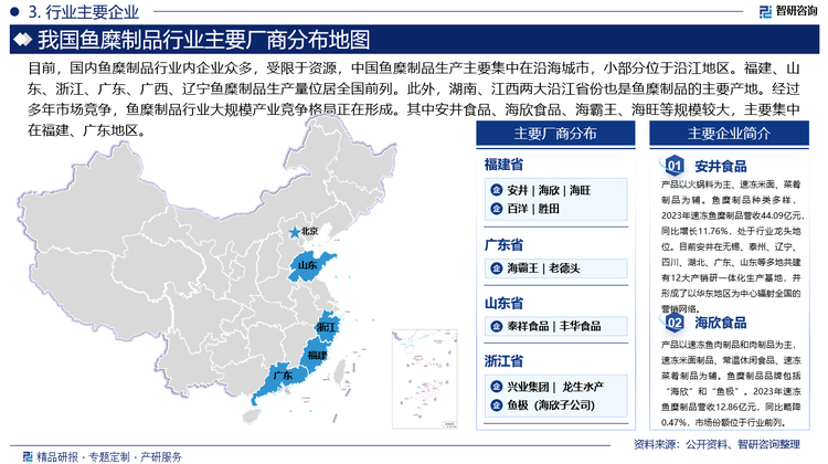 海欣食品产品以速冻鱼肉制品和肉制品为主，速冻米面制品、常温休闲食品、速冻菜肴制品为辅。目前海欣食品有“海欣”、“鱼极”、“优必歌”、“百肴轩”和“东鸥”等五大品牌，其中，“海欣”品牌产品涵盖全系列；“鱼极”品牌主要是高端速冻鱼肉制品及肉制品；“优必歌”品牌主要为速冻菜肴制品；“百肴轩”品牌主要为速冻米面制品、速冻菜肴制品；“东鸥”品牌主要为速冻菜肴制品。2023年海欣速冻鱼糜制品营收12.86亿元，同比略降0.47%，市场份额位于行业前列。