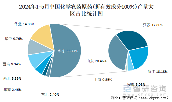 2024年1-5月中国化学农药原药(折有效成分100％)产量大区占比统计图