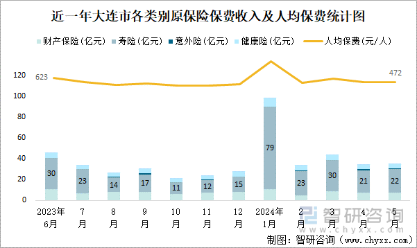 近一年大连市各类别原保险保费收入及人均保费统计图