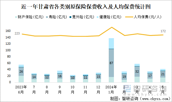 近一年甘肃省各类别原保险保费收入及人均保费统计图