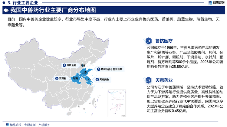 目前，国内中兽药企业数量较多，行业市场集中度不高，中兽药CR10不到40%。中兽药大多数企业规模较小，企业面临研发资金缺口。大部分中兽药企业规模较小，投入较少，研发实力较弱，主要以对已过专利保护期的产品进行仿制为主，市场竞争激烈，企业发展速度较慢。同时，少数行业领先、规模较大的企业拥有较高的技术研发水平，通过质量和品牌优势逐步占据了其细分产品市场的主要份额。具体来看，我国中兽药行业主要上市企业有鲁抗医药、普莱柯、蔚蓝生物、瑞普生物、天意药业等。