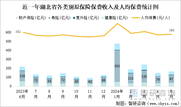 近一年湖北省各类别原保险保费收入及人均保费统计图