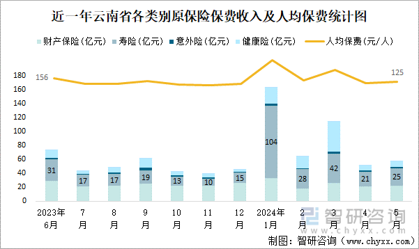 近一年云南省各类别原保险保费收入及人均保费统计图