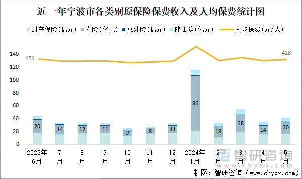 近一年宁波市各类别原保险保费收入及人均保费统计图