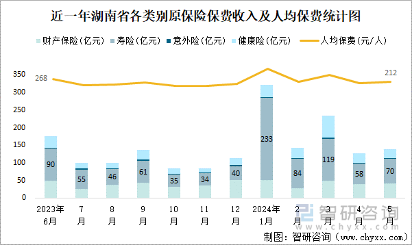 近一年湖南省各类别原保险保费收入及人均保费统计图