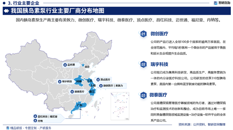 国内胰岛素泵生产商主要有美敦力、微创医疗、瑞宇科技、微泰医疗、顶点医疗、昌红科技、迈世通、福尼亚、丹纳等。其中微创医疗的产品已进入全球100多个国家的逾两万家医院，在全球范围内，平均每5秒就有一个微创®的产品被用于挽救和延长生命或提升生命品质。瑞宇科技现已成为集高科技研发，高品质生产，高服务营销为一体的内分泌医疗科技公司。公司研发的优泵310型胰岛素泵，是国内第一台拥有蓝牙联接功能的胰岛素泵。微泰医疗是糖尿病管理医疗器械领域的先行者，通过对糖尿病治疗和监测技术的创新和整合，成为目前市场上唯一一家同时具备糖尿病领域监测设备+治疗设备+软件平台的全体系产品公司。