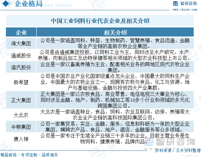 中国工业饲料行业主要企业及相关介绍