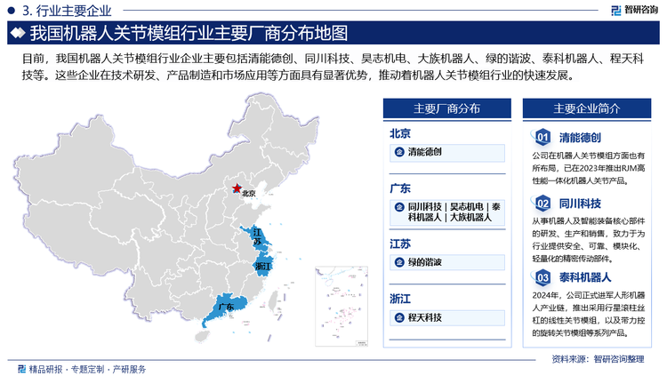 目前，我国机器人关节模组行业企业主要包括清能德创、同川科技、昊志机电、大族机器人、绿的谐波、泰科机器人、程天科技等。这些企业在技术研发、产品制造和市场应用等方面具有显著优势，推动着机器人关节模组行业的快速发展。