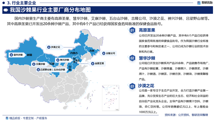 国内沙棘果生产商主要有高原圣果、慧华沙棘、艾康沙棘、五台山沙棘、吉隆公司、沙漠之花、神兴沙棘、吕梁野山坡等。其中高原圣果已开发出20余种沙棘产品，其中有6个产品已经获得国家食药局批准的保健食品批号。作为我国沙棘行业标准的主要参与和制定者之一，公司已成为沙棘行业的技术创新和先行者。慧华沙棘现已开发出沙棘系列产品20余种，产品销售市场宽广，产品有沙棘胶囊，沙棘果酱，沙棘果汁，沙棘原浆，沙棘原汁，沙棘酒，沙棘茶，沙棘月饼，沙棘油，沙棘果醋等产品。沙漠之花是一家专注于生态产业开发，全力打造沙棘产业第一品牌，充分发挥生态产业的巨大生态、经济和社会效益的自治区产业化龙头企业。主导产品有沙棘果汁饮料、沙棘油、杏仁饮料等。公司年销售额亿元以上，年上缴税金1000万元以上。