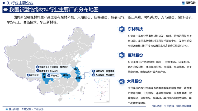 国内新型绝缘材料生产商主要有东材科技、太湖股份、巨峰股份、博菲电气、浙江荣泰、神马电力、万马股份、隆扬电子、平安电工、赛伍技术、华正新材等。其中东材科技是一家专业从事新材料研发、制造、销售的科技型上市公司。是国家绝缘材料工程技术研究中心、发电与输变电设备绝缘材料开发与应用国家地方联合工程研究中心。聚丰股份主要生产绝缘树脂（漆）、云母制品、防晕材料、DDP点胶材料、柔软复合材料、电磁线、电机线圈、定子绝缘系统、绝缘结构件等大类产品。太湖股份是国内专业的绝缘系统整体解决方案提供商，研发生产绝缘树脂、云母制品、柔软复合材料、表面覆盖漆、玻璃钢制品、层压制品、风电/高压电机绕组制造等电机、电气配套绝缘材料。