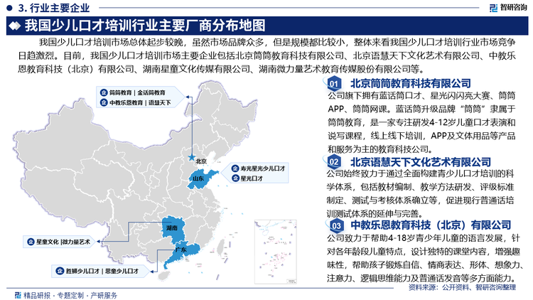 我国少儿口才培训市场总体起步较晚，虽然市场品牌众多，但是规模都比较小，整体来看我国少儿口才培训行业市场竞争日趋激烈。目前，我国少儿口才培训市场主要企业包括北京筒筒教育科技有限公司、北京语慧天下文化艺术有限公司、中教乐恩教育科技（北京）有限公司、湖南星童文化传媒有限公司、湖南微力量艺术教育传媒股份有限公司等。