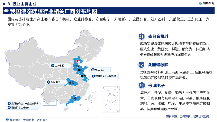 行业内企业普遍规模小、品种少、整体质量和技术水平较低、竞争实力弱，导致国外品牌长期占据加成型液体有机硅橡胶的高端市场。在液体高温硫化硅橡胶（LSR）领域，中国液体胶生产企业相对较少，规模也普遍不大，较大的企业包括森日材料和广东埃肯等，但一些实力比较雄厚的大型企业也始进入液体硅橡胶领域。国内液态硅胶相关生产商主要有森日有机硅、众盛硅橡胶、守诚电子、天辰新材、宏图硅胶、红叶杰科、东岳化工、三友化工、兴发集团等企业。