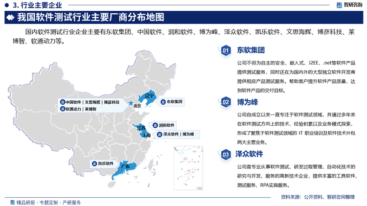 国内软件测试行业企业主要有东软集团、中国软件、润和软件、博为峰、泽众软件、凯乐软件、文思海辉、博彦科技、莱博智、软通动力等。其中东软集团不但为自主的安全、嵌入式、J2EE、.net等软件产品提供测试服务，同时还在为国内外的大型独立软件开发商提供相应产品测试服务。帮助客户提升软件产品质量，达到软件产品的交付目标。博为峰自成立以来一直专注于软件测试领域，并通过多年来在软件测试方向上的技术、经验积累以及业务模式探索，形成了聚焦于软件测试领域的 IT 职业培训及软件技术外包两大主营业务。泽众软件是专业从事软件测试、研发过程管理、自动化技术的研究与开发、服务的高新技术企业，提供丰富的工具软件、测试服务、RPA实施服务。