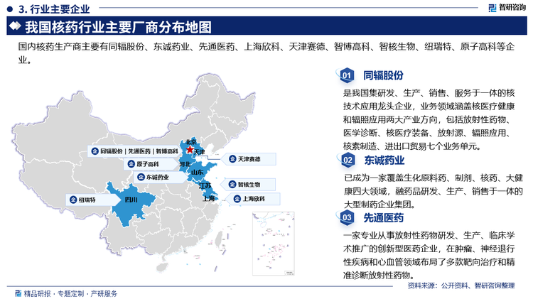  主要企业概况而言，同辐股份是我国集研发、生产、销售、服务于一体的核技术应用龙头企业，业务领域涵盖核医疗健康和辐照应用两大产业方向，包括放射性药物、医学诊断、核医疗装备、放射源、辐照应用，核素制造、进出口贸易七个业务单元。东诚药业已成为一家覆盖生化原料药、制剂、核药、大健康四大领域，融药品研发、生产、销售于一体的大型制药企业集团。先通医药是一家专业从事放射性药物研发、生产、临床学术推广的创新型医药企业，在肿瘤、神经退行性疾病和心血管领域布局了多款靶向治疗和精准诊断放射性药物。