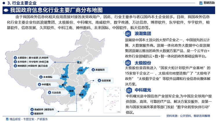 由于我國政務信息化相關應用直接對接各類黨政用戶，因此，行業(yè)主要參與者以國內本土企業(yè)居多。目前，我國政務信息化行業(yè)主要企業(yè)包括浪潮、太極股份、中科曙光、南威軟件、數(shù)字政通、萬達信息、博思軟件、東華軟件、華宇軟件、榕基軟件、信息發(fā)展、久其軟件、中科江南、神州數(shù)碼、未來國際、中國軟件等。