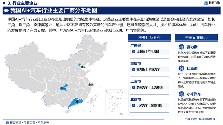 中国AI+汽车行业的企业分布呈现出明显的地域集中特征。这些企业主要集中在东部沿海地区以及部分内陆经济发达区域，如长三角、珠三角、京津冀等地。这些地区不仅拥有较为完善的汽车产业链，还具备较强的人才、技术和资本优势，为AI+汽车行业的发展提供了有力支撑。其中，广东省AI+汽车代表性企业包括比亚迪、广汽集团等。