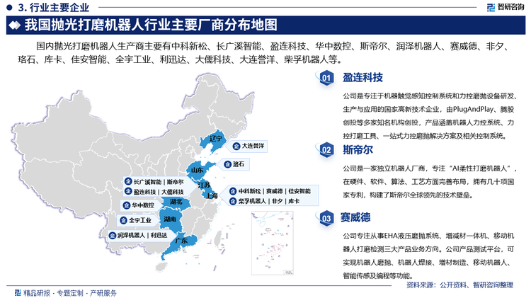 国内抛光打磨机器人生产商主要有中科新松、长广溪智能、盈连科技、华中数控、斯帝尔、润泽机器人、赛威德、非夕、珞石、库卡、佳安智能、全宇工业、利迅达、大儒科技、大连誉洋、柴孚机器人等。其中盈连科技是专注于机器触觉感知控制系统和力控磨抛设备研发、生产与应用的国家高新技术企业，由PlugAndPlay、腾股创投等多家知名机构创投，产品涵盖机器人力控系统、力控打磨工具、一站式力控磨抛解决方案及相关控制系统。斯蒂尔是一家独立机器人厂商，专注“AI柔性打磨机器人”，在硬件、软件、算法、工艺方面完善布局，拥有几十项国家专利，构建了斯帝尔全球领先的技术壁垒。赛威德专注从事EHA液压磨抛系统、增减材一体机、移动机器人打磨检测三大产品业务方向。公司产品测试平台，可实现机器人磨抛、机器人焊接、增材制造、移动机器人、智能传感及编程等功能。