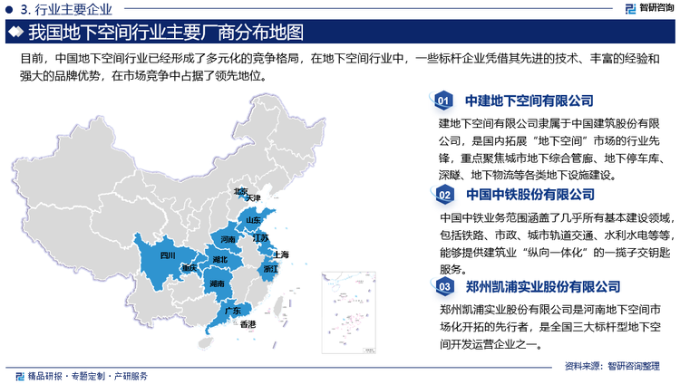 目前，中国地下空间行业已经形成了多元化的竞争格局。以地铁为主导的地下轨道交通和以综合管廊为主导的地下市政设施是市场竞争的主要领域。同时，地下商城、地下停车场等商业设施也呈现出快速发展的态势。在地下空间行业中，一些标杆企业凭借其先进的技术、丰富的经验和强大的品牌优势，在市场竞争中占据了领先地位。例如，中国铁建、中国中铁、中建地下空间有限公司等企业在地铁、综合管廊等领域拥有丰富的建设经验和技术实力；万科、华润等房地产企业在地下商城、地下停车场等商业设施的开发方面取得了显著成效。这些企业在技术研发、项目管理、市场开拓等方面不断创新和突破，为行业发展树立了标杆。