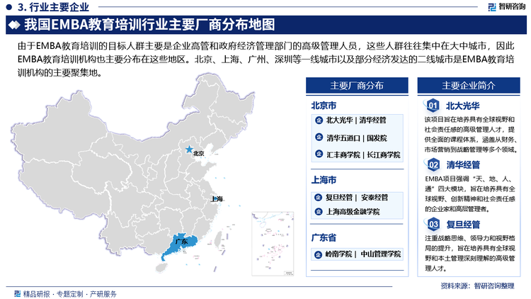 由于EMBA教育培训的目标人群主要是企业高管和政府经济管理部门的高级管理人员，这些人群往往集中在大中城市，因此EMBA教育培训机构也主要分布在这些地区。北京、上海、广州、深圳等一线城市以及部分经济发达的二线城市是EMBA教育培训机构的主要聚集地。