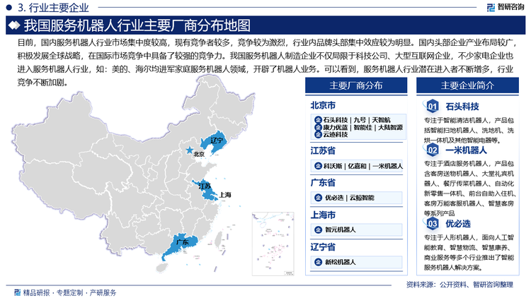 目前，国内服务机器人行业市场集中度较高，现有竞争者较多，竞争较为激烈，行业内品牌头部集中效应较为明显。国内头部企业产业布局较广，积极发展全球战略，在国际市场竞争中具备了较强的竞争力。我国服务机器人制造企业不仅局限于科技公司、大型互联网企业，不少家电企业也进入服务机器人行业，如：美的、海尔均进军家庭服务机器人领域，开辟了机器人业务。可以看到，服务机器人行业潜在进入者不断增多，行业竞争不断加剧。